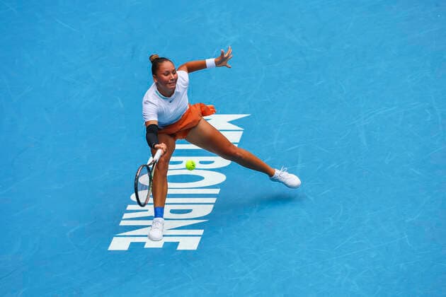Belgian Sofia Costoulas pictured in action during the final in the girls singles between Belgian Costoulas and Croatian Marcinko at the Australian Open Grand Slam tennis tournament, Saturday 29 January 2022 in Melbourne Park, Melbourne, Australia. The 2022 edition of the Australian Grand Slam takes place from January 17th to January 30th. PATRICKxHAMILTON  x6261710x