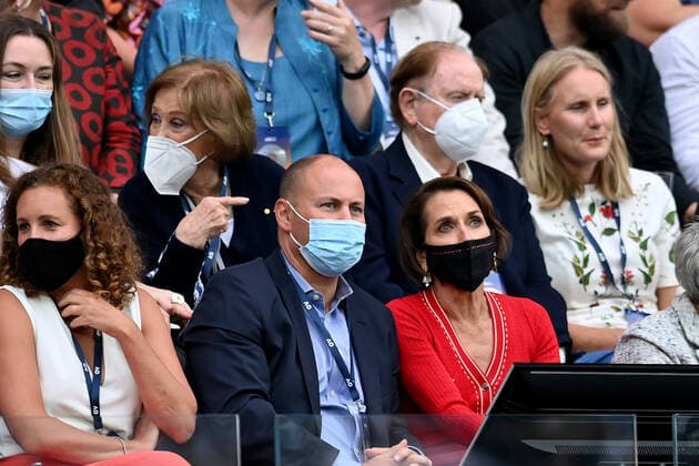 TENNIS AUSTRALIAN OPEN, Australian Treasurer Josh Frydenberg watches on with Tennis Australia CEO Jane Hrdlicka during the Women?s singles final between Ashleigh Barty of Australia and Danielle Collins of the USA on Day 13 of the Australian Open, at Melbourne Park, in Melbourne, Saturday, January 29, 2022. ( NO ARCHIVING, EDITORIAL USE ONLY, NO USE IN BOOKS WITHOUT CONSENT MELBOURNE VIC AUSTRALIA  Copyright: xJOELxCARRETTx 20220129001618070486