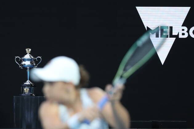 (220129) -- MELBOURNE, Jan. 29, 2022 -- The championship trophy is seen during the women s singles final match between Ashleigh Barty of Australia and Danielle Collins of the United States at Australian Open in Melbourne, Australia, Jan. 29, 2022. ) (SP)AUSTRALIA-MELBOURNE-TENNIS-AUSTRALIAN OPEN-WOMEN S SINGLES-FINALS BaixXuefei 