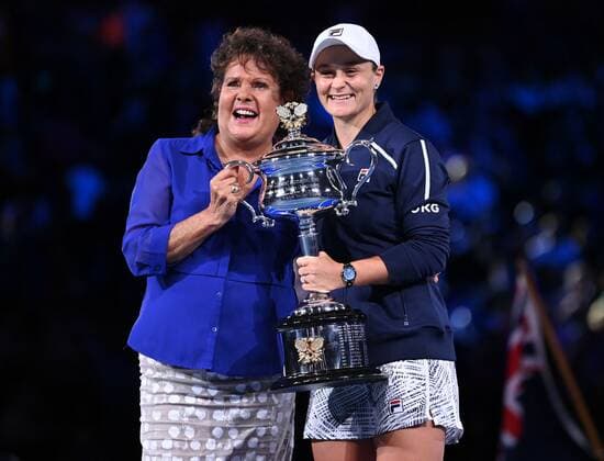 Mandatory Credit: Photo by James Gourley Shutterstock (12778010dk) Ashleigh Barty is presented with the Daphne Akhurst Memorial Cup by Evonne Goolagong Cawley after victory in the Women s Singles Final Australian Open, Day Thirteen, Tennis, Melbourne Park, Melbourne, Australia - 29 Jan 2022 Australian Open, Day Thirteen, Tennis, Melbourne Park, Melbourne, Australia - 29 Jan 2022  Copyright: xJamesxGourley Shutterstockx 12778010dk