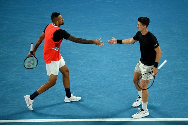 TENNIS AUSTRALIAN OPEN, Nick Kyrgios (left) and Thanasi Kokkinakis of Australia during the Men?s doubles final against Matthew Ebden and Max Purcell of Australia on Day 13 of the Australian Open, at Melbourne Park, in Melbourne, Saturday, January 29, 2022. ( NO ARCHIVING, EDITORIAL USE ONLY, NO USE IN BOOKS WITHOUT CONSENT MELBOURNE VIC AUSTRALIA  Copyright: xJAMESxROSSx 20220129001618095543