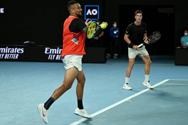 TENNIS AUSTRALIAN OPEN, Nick Kyrgios (left) and Thanasi Kokkinakis of Australia during the Men?s doubles final against Matthew Ebden and Max Purcell of Australia on Day 13 of the Australian Open, at Melbourne Park, in Melbourne, Saturday, January 29, 2022. ( NO ARCHIVING, EDITORIAL USE ONLY, NO USE IN BOOKS WITHOUT CONSENT MELBOURNE VIC AUSTRALIA  Copyright: xDEANxLEWINSx 20220129001618100041