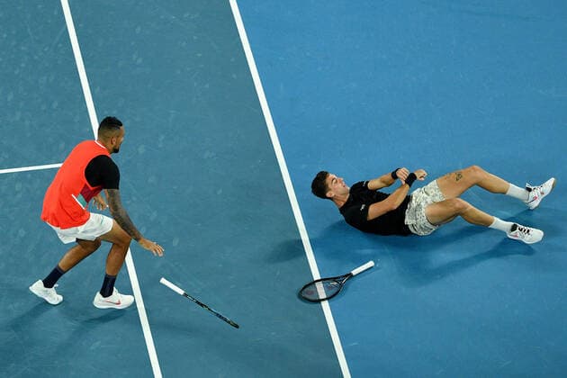 TENNIS AUSTRALIAN OPEN, Nick Kyrgios (left) and Thanasi Kokkinakis of Australia during the Men?s doubles final against Matthew Ebden and Max Purcell of Australia on Day 13 of the Australian Open, at Melbourne Park, in Melbourne, Saturday, January 29, 2022. ( NO ARCHIVING, EDITORIAL USE ONLY, NO USE IN BOOKS WITHOUT CONSENT MELBOURNE VIC AUSTRALIA  Copyright: xJAMESxROSSx 20220129001618102875