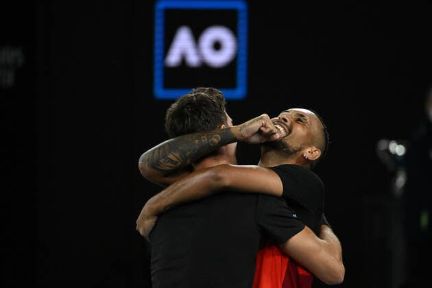 TENNIS AUSTRALIAN OPEN, Nick Kyrgios (right) and Thanasi Kokkinakis of Australia celebrate after winning the Men?s doubles final against Matthew Ebden and Max Purcell of Australia on Day 13 of the Australian Open, at Melbourne Park, in Melbourne, Saturday, January 29, 2022. ( NO ARCHIVING, EDITORIAL USE ONLY, NO USE IN BOOKS WITHOUT CONSENT MELBOURNE VIC AUSTRALIA  Copyright: xDEANxLEWINSx 20220129001618105129
