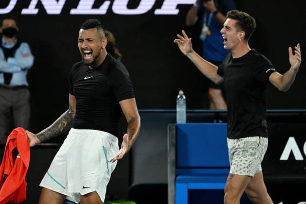 TENNIS AUSTRALIAN OPEN, Nick Kyrgios (left) and Thanasi Kokkinakis of Australia celebrate after winning the Men?s doubles final against Matthew Ebden and Max Purcell of Australia on Day 13 of the Australian Open, at Melbourne Park, in Melbourne, Saturday, January 29, 2022. ( NO ARCHIVING, EDITORIAL USE ONLY, NO USE IN BOOKS WITHOUT CONSENT MELBOURNE VIC AUSTRALIA  Copyright: xDEANxLEWINSx 20220129001618105206