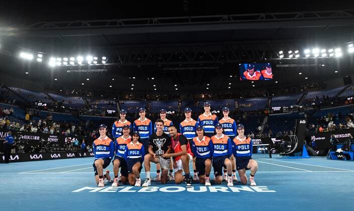 Mandatory Credit: Photo by James Gourley Shutterstock (12778010fj) Nick Kyrgios and Thanasi Kokkinakis celebrate victory in the Men s Doubles final Australian Open, Day Thirteen, Tennis, Melbourne Park, Melbourne, Australia - 29 Jan 2022 Australian Open, Day Thirteen, Tennis, Melbourne Park, Melbourne, Australia - 29 Jan 2022 Copyright: xJamesxGourley Shutterstockx 12778010fj