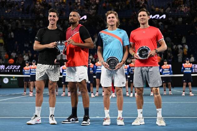 Mandatory Credit: Photo by James Gourley Shutterstock (12778010fl) Nick Kyrgios and Thanasi Kokkinakis celebrate victory in the Men s Doubles final against Matt Ebden and Max Purcell Australian Open, Day Thirteen, Tennis, Melbourne Park, Melbourne, Australia - 29 Jan 2022 Australian Open, Day Thirteen, Tennis, Melbourne Park, Melbourne, Australia - 29 Jan 2022 Copyright: xJamesxGourley Shutterstockx 12778010fl