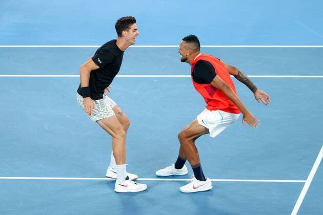 Mandatory Credit: Photo by Ella Ling Shutterstock (12778013ch) Nick Kyrgios and Thanasi Kokkinakis celebrate victory in the Men s Doubles final Australian Open, Day Thirteen, Tennis, Melbourne Park, Melbourne, Australia - 29 Jan 2022 Australian Open, Day Thirteen, Tennis, Melbourne Park, Melbourne, Australia - 29 Jan 2022 Copyright: xEllaxLing Shutterstockx 12778013ch