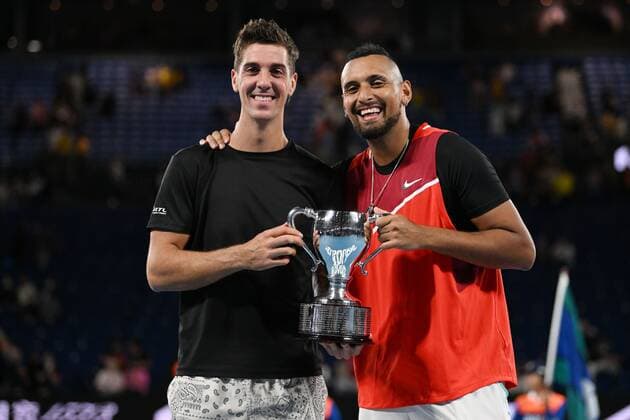 Mandatory Credit: Photo by James Gourley Shutterstock (12778010fr) Nick Kyrgios and Thanasi Kokkinakis celebrate victory in the Men s Doubles final Australian Open, Day Thirteen, Tennis, Melbourne Park, Melbourne, Australia - 29 Jan 2022 Australian Open, Day Thirteen, Tennis, Melbourne Park, Melbourne, Australia - 29 Jan 2022 Copyright: xJamesxGourley Shutterstockx 12778010fr