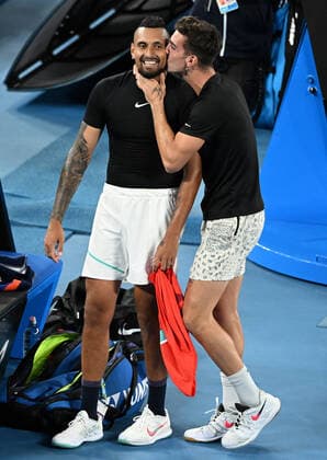 TENNIS AUSTRALIAN OPEN, Nick Kyrgios (left) is kissed by Thanasi Kokkinakis after winning the Men?s doubles final against Matthew Ebden and Max Purcell of Australia on Day 13 of the Australian Open, at Melbourne Park, in Melbourne, Saturday, January 29, 2022. ( NO ARCHIVING, EDITORIAL USE ONLY, NO USE IN BOOKS WITHOUT CONSENT MELBOURNE VIC AUSTRALIA  Copyright: xDAVExHUNTx 20220130001618118271