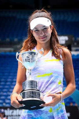 Petra Marcinko celebrates after winning the final in the girls singles between Belgian Costoulas and Croatian Marcinko at the Australian Open Grand Slam tennis tournament, Saturday 29 January 2022 in Melbourne Park, Melbourne, Australia. The 2022 edition of the Australian Grand Slam takes place from January 17th to January 30th. PATRICKxHAMILTON  x6408518x