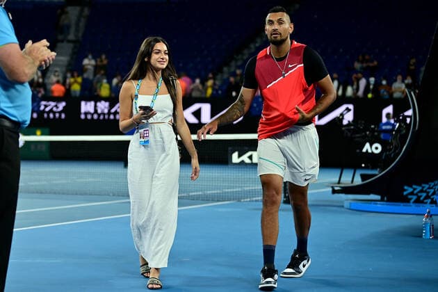 TENNIS AUSTRALIAN OPEN, Nick Kyrgios with his partner Costeen Hatzi after winning the Men?s doubles final with Thanasi Kokkinakis, against Matthew Ebden and Max Purcell of Australia on Day 13 of the Australian Open, at Melbourne Park, in Melbourne, Sunday, January 30, 2022. ( NO ARCHIVING, EDITORIAL USE ONLY, NO USE IN BOOKS WITHOUT CONSENT MELBOURNE VIC AUSTRALIA  Copyright: xJAMESxROSSx 20220130001618120003