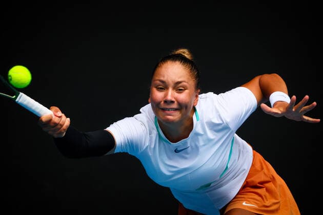 Sofia Costoulas pictured in action at the final in the girls singles between Belgian Costoulas and Croatian Marcinko at the Australian Open Grand Slam tennis tournament, Saturday 29 January 2022 in Melbourne Park, Melbourne, Australia. The 2022 edition of the Australian Grand Slam takes place from January 17th to January 30th. PATRICKxHAMILTON  x6409441x