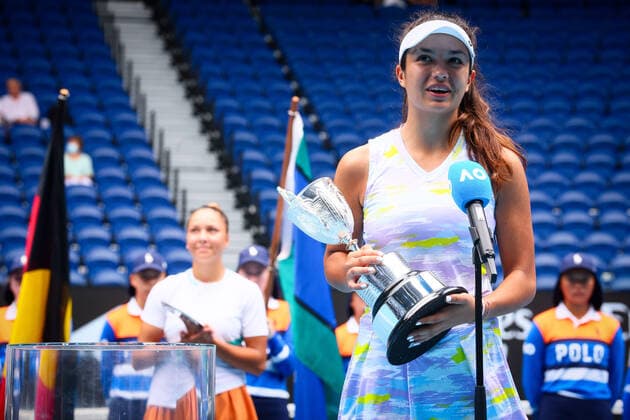 Petra Marcinko celebrates with the trophy after winning the final in the girls singles between Belgian Costoulas and Croatian Marcinko at the Australian Open Grand Slam tennis tournament, Saturday 29 January 2022 in Melbourne Park, Melbourne, Australia. The 2022 edition of the Australian Grand Slam takes place from January 17th to January 30th. PATRICKxHAMILTON  x6410140x