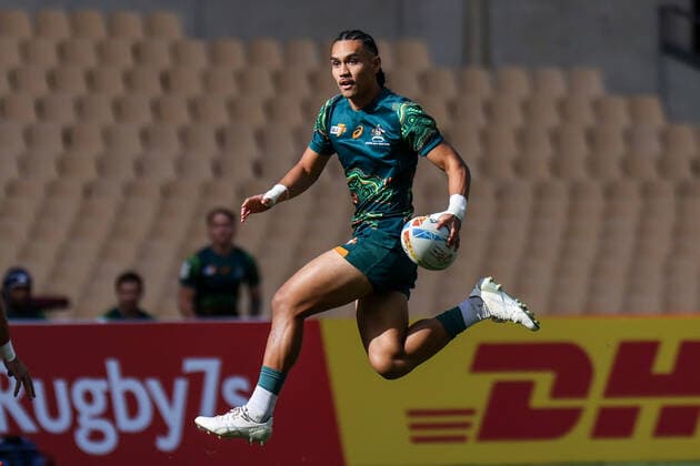January 29, 2022, Sevilla, Sevilla, Spain: Dietrich Roache of Australian runs with the ball during the Men s HSBC World Rugby Sevens Series 2022 match between Australian and Canada at the La Cartuja stadium in Seville, on January 29, 2022. Sevilla Spain - ZUMAd159 20220129_zia_d159_088 Copyright: xJosexLuisxContrerasx