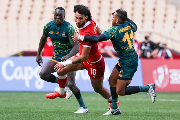 January 29, 2022, Sevilla, Sevilla, Spain: Noah Bain of Canada runs with the ball during the Men s HSBC World Rugby Sevens Series 2022 match between Australian and Canada at the La Cartuja stadium in Seville, on January 29, 2022. Sevilla Spain - ZUMAd159 20220129_zia_d159_096 Copyright: xJosexLuisxContrerasx