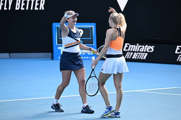 TENNIS AUSTRALIAN OPEN, Barbara Krejcikova and Katerina Siniakova of Czech Republic celebrate their win in the women?s doubles final against Anna Danilina of Kazakhstan and Beatriz Haddad Maia of Brazil on Day 14 of the Australian Open at Melbourne Park in Melbourne, Sunday, January 30, 2022. ( NO ARCHIVING, EDITORIAL USE ONLY, NO USE IN BOOKS WITHOUT CONSENT MELBOURNE VIC AUSTRALIA  Copyright: xDAVExHUNTx 20220130001618383074