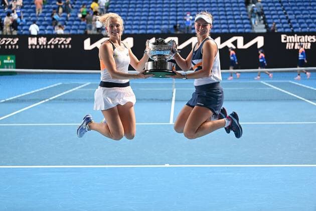 Mandatory Credit: Photo by James Gourley Shutterstock (12778011aa) Barbora Krejcikova and Katerina Siniakova celebrate winning the Womens Doubles final Australian Open, Day Fourteen, Tennis, Melbourne Park, Melbourne, Australia - 30 Jan 2022 Australian Open, Day Fourteen, Tennis, Melbourne Park, Melbourne, Australia - 30 Jan 2022  Copyright: xJamesxGourley Shutterstockx 12778011aa