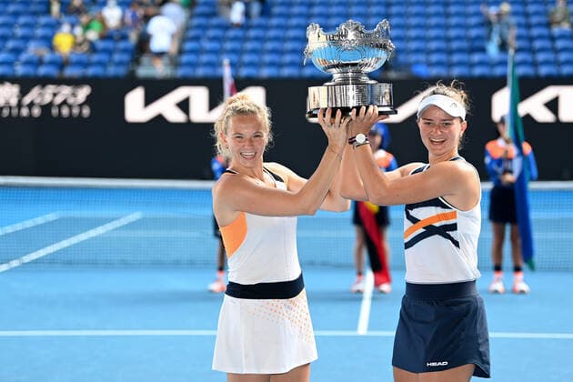 Mandatory Credit: Photo by James Gourley Shutterstock (12778011ag) Barbora Krejcikova and Katerina Siniakova celebrate winning the Womens Doubles final Australian Open, Day Fourteen, Tennis, Melbourne Park, Melbourne, Australia - 30 Jan 2022 Australian Open, Day Fourteen, Tennis, Melbourne Park, Melbourne, Australia - 30 Jan 2022  Copyright: xJamesxGourley Shutterstockx 12778011ag