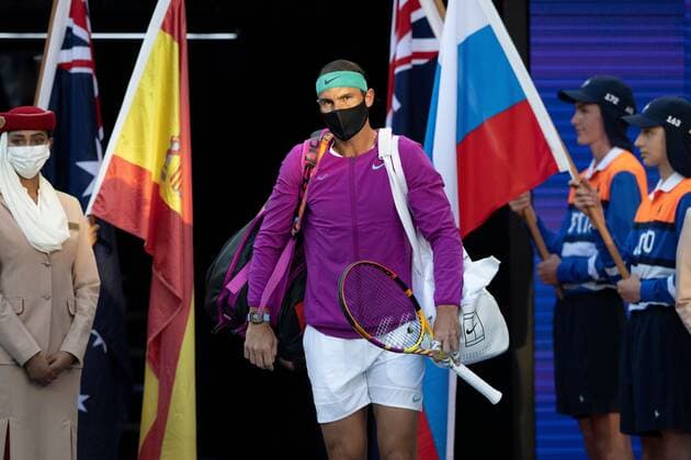 Mandatory Credit: Photo by James Gourley Shutterstock (12778011an) Rafael Nadal walks onto court ahead of the Men s Singles final Australian Open, Day Fourteen, Tennis, Melbourne Park, Melbourne, Australia - 30 Jan 2022 Australian Open, Day Fourteen, Tennis, Melbourne Park, Melbourne, Australia - 30 Jan 2022  Copyright: xJamesxGourley Shutterstockx 12778011an