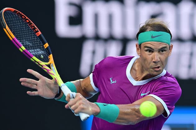 TENNIS AUSTRALIAN OPEN, Spain?s Rafael Nadal plays a shot during the men?s singles final against Russia?s Daniil Medveded on Day 14 of the Australian Open at Melbourne Park in Melbourne, Saturday, January 29, 2022. ( NO ARCHIVING, EDITORIAL USE ONLY, NO USE IN BOOKS WITHOUT CONSENT MELBOURNE VIC AUSTRALIA  Copyright: xJOELxCARRETTx 20220130001618401234