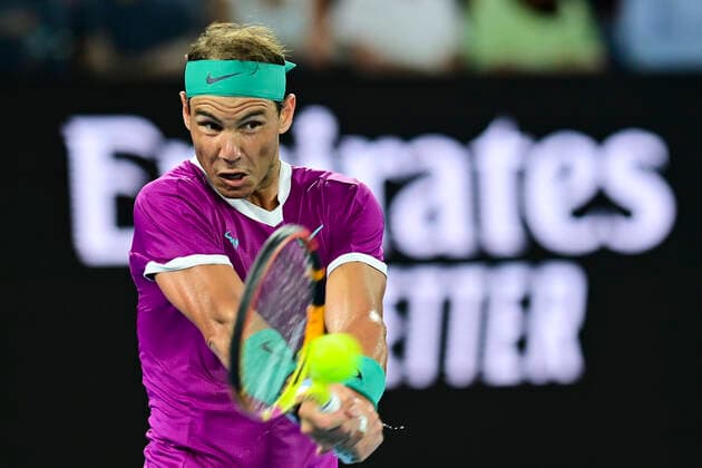 TENNIS AUSTRALIAN OPEN, Rafael Nadal of Spain plays a shot during the men?s singles final against Daniil Medvedev of Russia on Day 14 of the Australian Open at Melbourne Park in Melbourne, Sunday, January 30, 2022. ( NO ARCHIVING, EDITORIAL USE ONLY, NO USE IN BOOKS WITHOUT CONSENT MELBOURNE VIC AUSTRALIA  Copyright: xJOELxCARRETTx 20220130001618407995