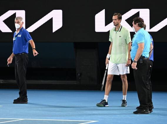 Mandatory Credit: Photo by James Gourley Shutterstock (12778011de) Daniil Medvedev during a break in play at the Men s Singles final Australian Open, Day Fourteen, Tennis, Melbourne Park, Melbourne, Australia - 30 Jan 2022 Australian Open, Day Fourteen, Tennis, Melbourne Park, Melbourne, Australia - 30 Jan 2022 Copyright: xJamesxGourley Shutterstockx 12778011de