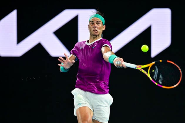 TENNIS AUSTRALIAN OPEN, Rafael Nadal of Spain plays a shot during the men?s singles final against Daniil Medvedev of Russia on Day 14 of the Australian Open at Melbourne Park in Melbourne, Sunday, January 30, 2022. ( NO ARCHIVING, EDITORIAL USE ONLY, NO USE IN BOOKS WITHOUT CONSENT MELBOURNE VIC AUSTRALIA  Copyright: xJOELxCARRETTx 20220130001618413071