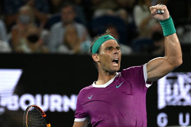 TENNIS AUSTRALIAN OPEN, Rafael Nadal of Spain celebrates taking advantage during the men?s singles final against Daniil Medvedev of Russia on Day 14 of the Australian Open at Melbourne Park in Melbourne, Sunday, January 30, 2022. ( NO ARCHIVING, EDITORIAL USE ONLY, NO USE IN BOOKS WITHOUT CONSENT MELBOURNE VIC AUSTRALIA  Copyright: xDEANxLEWINSx 20220130001618414032