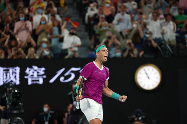 Mandatory Credit: Photo by Ella Ling Shutterstock (12778014cy) Rafael Nadal celebrates winning the third set during the Men s Singles final Australian Open, Day Fourteen, Tennis, Melbourne Park, Melbourne, Australia - 30 Jan 2022 Australian Open, Day Fourteen, Tennis, Melbourne Park, Melbourne, Australia - 30 Jan 2022 Copyright: xEllaxLing Shutterstockx 12778014cy
