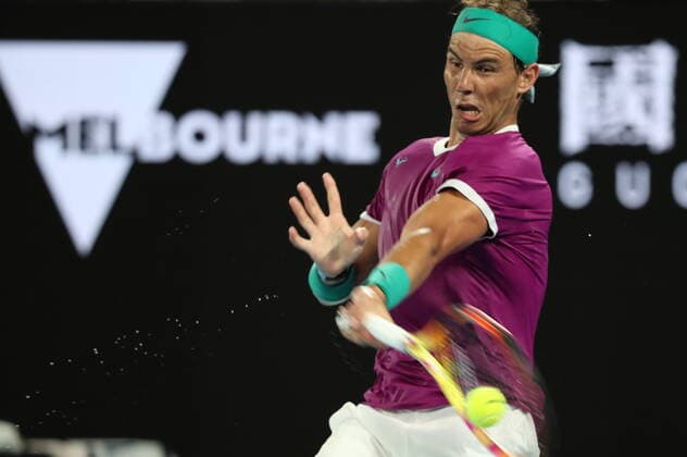 (220130) -- MELBOURNE, Jan. 30, 2022 -- Rafael Nadal of Spain competes during the men s singles final match between Rafael Nadal of Spain and Daniil Medvedev of Russia at Australian Open in Melbourne Park, in Melbourne, Australia, on Jan. 30, 2022. ) (SP)AUSTRALIA-MELBOURNE-TENNIS-AUSTRALIAN OPEN-MEN S SINGLES-FINALS BaixXuefei 