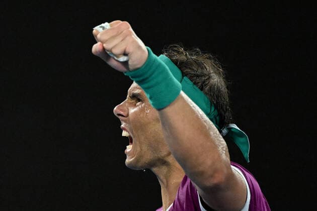 TENNIS AUSTRALIAN OPEN, Rafael Nadal of Spain celebrates winning a point during the men?s singles final against Daniil Medveded of Russia on Day 14 of the Australian Open at Melbourne Park in Melbourne, Saturday, January 29, 2022. ( NO ARCHIVING, EDITORIAL USE ONLY, NO USE IN BOOKS WITHOUT CONSENT MELBOURNE VIC AUSTRALIA  Copyright: xDEANxLEWINSx 20220131001618437018