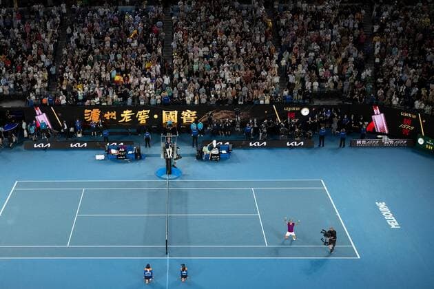 Mandatory Credit: Photo by James Gourley Shutterstock (12778011gr) Rafael Nadal celebrates victory in the Men s Singles final Australian Open, Day Fourteen, Tennis, Melbourne Park, Melbourne, Australia - 30 Jan 2022 Australian Open, Day Fourteen, Tennis, Melbourne Park, Melbourne, Australia - 30 Jan 2022 Copyright: xJamesxGourley Shutterstockx 12778011gr