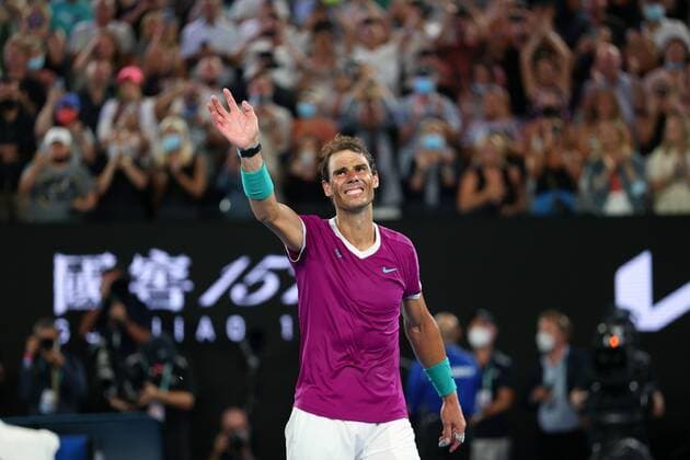 Mandatory Credit: Photo by Ella Ling Shutterstock (12778014ex) Rafael Nadal celebrates victory in the Men s Singles final Australian Open, Day Fourteen, Tennis, Melbourne Park, Melbourne, Australia - 30 Jan 2022 Australian Open, Day Fourteen, Tennis, Melbourne Park, Melbourne, Australia - 30 Jan 2022  Copyright: xEllaxLing Shutterstockx 12778014ex