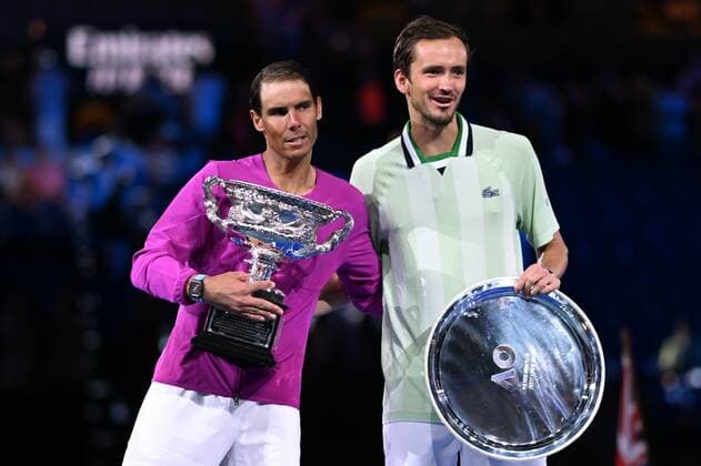 Mandatory Credit: Photo by James Gourley Shutterstock (12778011hq) Rafael Nadal celebrates victory in the Men s Singles final with the Norman Brookes Challenge Cup, Daniil Medvedev is runner-up Australian Open, Day Fourteen, Tennis, Melbourne Park, Melbourne, Australia - 30 Jan 2022 Australian Open, Day Fourteen, Tennis, Melbourne Park, Melbourne, Australia - 30 Jan 2022 Copyright: xJamesxGourley Shutterstockx 12778011hq