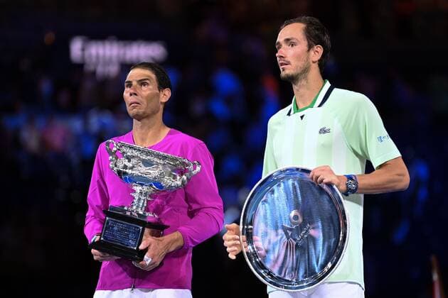 Mandatory Credit: Photo by James Gourley Shutterstock (12778011hr) Rafael Nadal celebrates victory in the Men s Singles final with the Norman Brookes Challenge Cup, Daniil Medvedev is runner-up Australian Open, Day Fourteen, Tennis, Melbourne Park, Melbourne, Australia - 30 Jan 2022 Australian Open, Day Fourteen, Tennis, Melbourne Park, Melbourne, Australia - 30 Jan 2022 Copyright: xJamesxGourley Shutterstockx 12778011hr