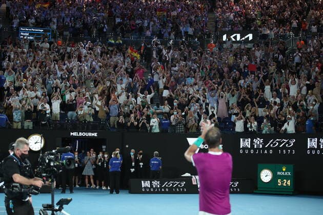 (220130) -- MELBOURNE, Jan. 30, 2022 -- Rafael Nadal of Spain celebrates after winning the men s singles final match between Rafael Nadal of Spain and Daniil Medvedev of Russia at Australian Open in Melbourne Park, in Melbourne, Australia, on Jan. 30, 2022. ) (SP)AUSTRALIA-MELBOURNE-TENNIS-AUSTRALIAN OPEN-MEN S SINGLES-FINALS BaixXuefei 