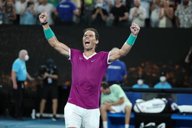 (220130) -- MELBOURNE, Jan. 30, 2022 -- Rafael Nadal of Spain celebrates after winning the men s singles final match between Rafael Nadal of Spain and Daniil Medvedev of Russia at Australian Open in Melbourne Park, in Melbourne, Australia, on Jan. 30, 2022. ) (SP)AUSTRALIA-MELBOURNE-TENNIS-AUSTRALIAN OPEN-MEN S SINGLES-FINALS BaixXuefei 