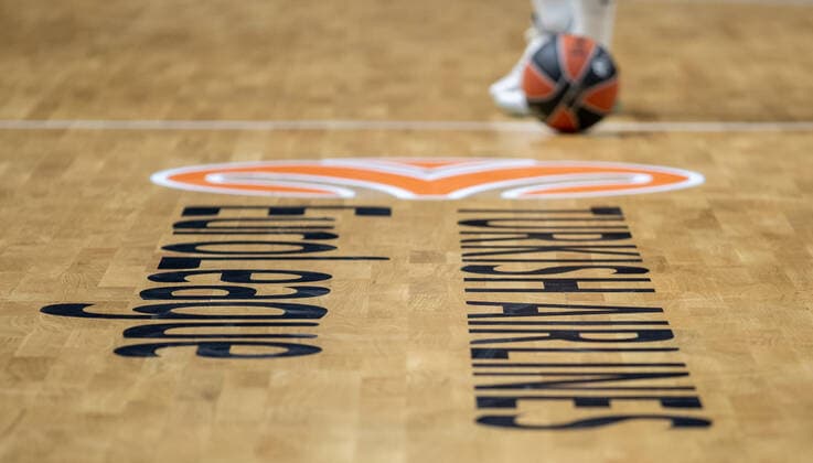 Basketball EuroLeague, ALBA Berlin UNICS Kazan, Matchday 24, Mercedes Benz Arena A basketball lies next to the Turkish Airlines EuroLeague lettering on the court ALBA Berlin UNICS Kazan