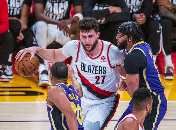 February 2, 2022, Los Angeles, California, USA: Anthony Davis 3 of the Los Angeles Lakers defends against Jusuf Nurkic 27 of the Portland Trail Blazers during their NBA, Basketball Herren, USA game on Wednesday February 2, 2022 at Crypto.com Arena in Los Angeles, California. PI Los Angeles USA - ZUMAp124 20220202_zaa_p124_007 Copyright: xJAVIERxROJASx