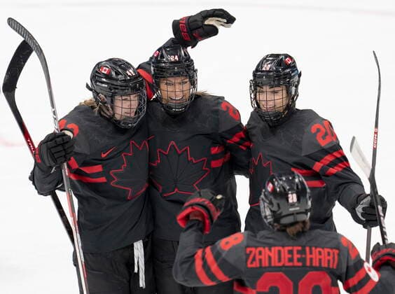 February 3, 2022, Beijing, China: Team Canada s Claire Thompson (42) Natalie Spooner (24) Sarah Nurse (20) and Micah Zandee-Hart (28) celebrate after the sixth goal against Switzerland during second period women s Ice hockey, Eishockey action Thursday, February 3, 2022 at the 2022 Winter Olympics in Beijing. Claire Thompson, Natalie Spooner, Sarah Nurse, Micah Zandee-Hart  - ZUMAc35_ 20220203_zaf_c35_023 Copyright: xRyanxRemiorzx