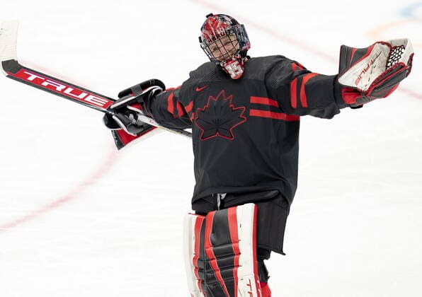February 3, 2022, Beijing, China: Team Canada goalkeeper Ann-Renee Desbiens (35) celebrates after defeating Team Switzerland in women s Ice hockey, Eishockey action Thursday, February 3, 2022 at the 2022 Winter Olympics in Beijing. Ann-Renee Desbiens,  - ZUMAc35_ 20220203_zaf_c35_026 Copyright: xRyanxRemiorzx
