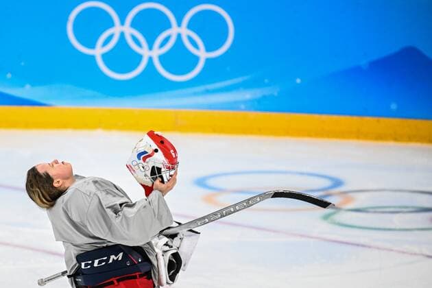 China Olympics 2022 Ice hockey, Eishockey Women Training 6753390 03.02.2022 Russian Olympic Committee s goaltender Maria Sorokina reacts during a women s ice hockey training session ahead of the preliminary group A match against Switzerland at the Beijing 2022 Winter Olympic Games, Olympische Spiele, Olympia, OS at Wukesong Sports Centre, in Beijing, China. Vladimir Astapkovich Sputnik Beijing China  Copyright: xVladimirxAstapkovichx