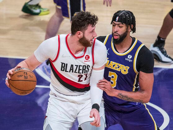 February 2, 2022, Los Angeles, California, USA: Anthony Davis 3 of the Los Angeles Lakers defends against Jusuf Nurkic 27 of the Portland Trail Blazers during their NBA, Basketball Herren, USA game on Wednesday February 2, 2022 at Crypto.com Arena in Los Angeles, California. Lakers defeat Trailblazers, 99-94. PI Los Angeles USA - ZUMAp124 20220202_zaa_p124_027 Copyright: xJAVIERxROJASx