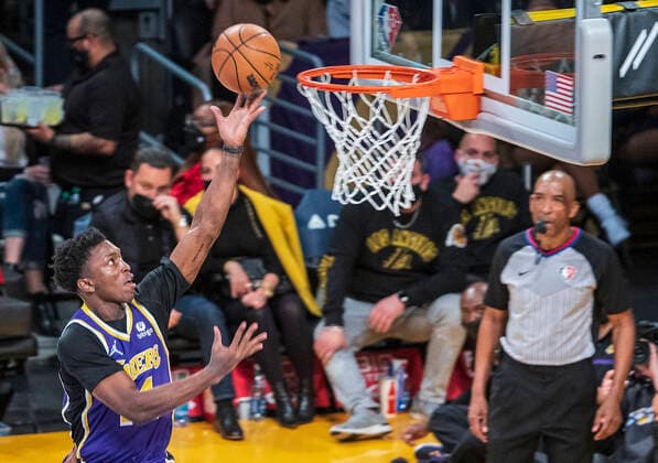 February 2, 2022, Los Angeles, California, USA: Stanley Johnson 14 of the Los Angeles Lakers puts up a layup during their NBA, Basketball Herren, USA game against the Portland Trailblazers on Wednesday February 2, 2022 at Crypto.com Arena in Los Angeles, California. Lakers defeat Trailblazers, 99-94. PI Los Angeles USA - ZUMAp124 20220202_zaa_p124_031 Copyright: xJAVIERxROJASx