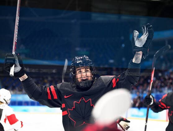 (220203) -- BEIJING, Feb. 3, 2022 -- Melodie Daoust of Canada celebrates scoring during the women s Ice hockey, Eishockey preliminary round Group A match between Canada and Switzerland at National Indoor Stadium in Beijing, China, Feb. 3, 2022. ) (BEIJING2022)CHINA-BEIJING-OLYMPIC Winter games, Winterspiele,Spiele, Summer games ICE HOCKEY-WOMEN S PRELIMINARY?(CN) LixZiheng 