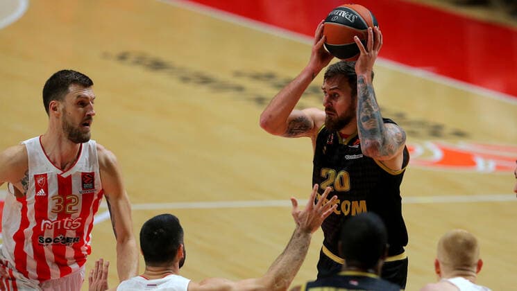 03.02.2022 Belgrade(Serbia) KK Crvena Zvezda(BC Red Star)-AS Monaco Basket Euroleague men s basketball Donatas Motiejunas(R) AS Monaco,Ognjen Kuzmic(L) Crvena Zvezda(BC Red Star) :Str