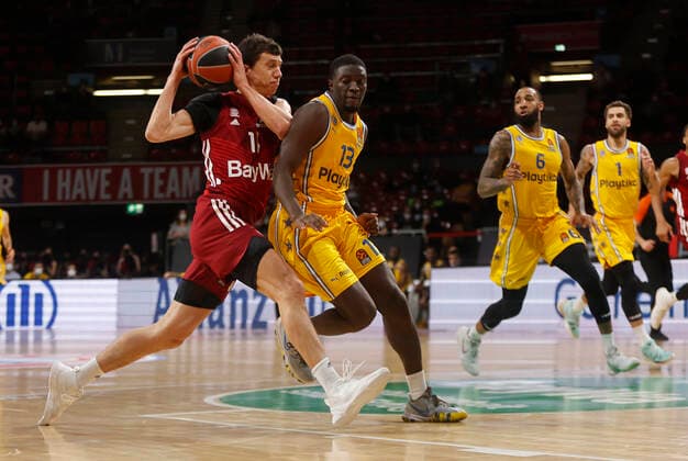 03 02 2022, Basketball Euroleague, FC Bayern Basketball vs Maccabi Tel Aviv, Munich, Basketball, in picture Vladimir Lucic FCB Basketball , Khyri Thomas Maccabi Tel Aviv , Derrick Williams Maccabi Tel Aviv , Scottie Wilbekin Maccabi Tel Aviv