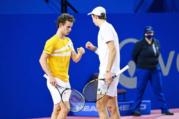 Sascha Gueymard Wayenburg (Fra) Luca Van Assche (Fra) TENNIS : Open Sud de France 2022 - Montpellier - 04 02 2022 JBAutissier Panoramic 