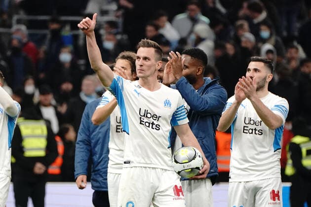 Fußball, Olympique Marseille - SCO Angers Fin de match - joie Marseille - Arkadiusz Milik (Olympique de Marseille) FOOTBALL : Olympique de Marseille vs SCO Angers - Ligue 1 Uber Eats - Marseille - 04 02 2022 NorbertScanella Panoramic 